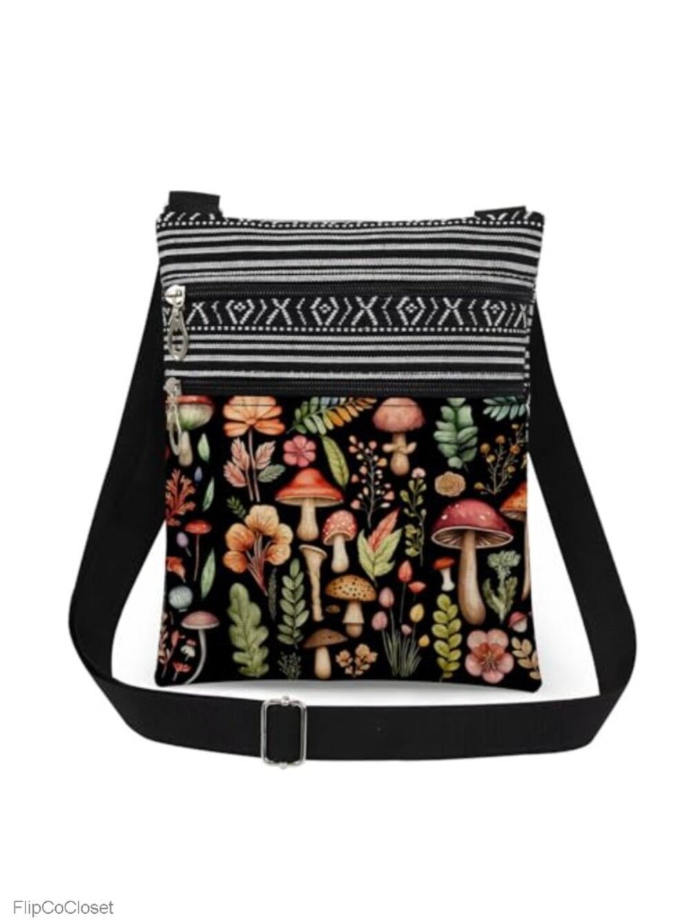 Mushroom Print Crossbody Bag Polyester Adjustable Strap Dual Pocket Purse